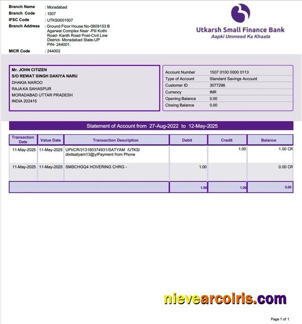 India Utkarsh Small Finance Bank statement of account Word and PDF
